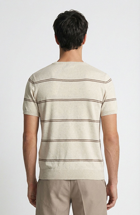 Bej Çizgili Keten Karışımlı Triko Kazak