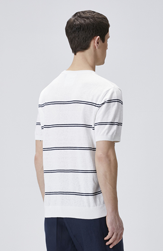 Beyaz Çizgili Keten Karışımlı Triko Kazak