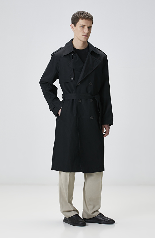 Siyah Keten Karışımlı Pardösü