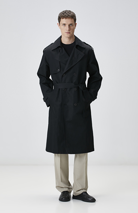 Siyah Keten Karışımlı Pardösü