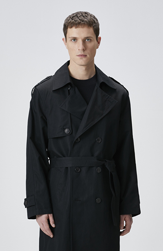 Siyah Keten Karışımlı Pardösü