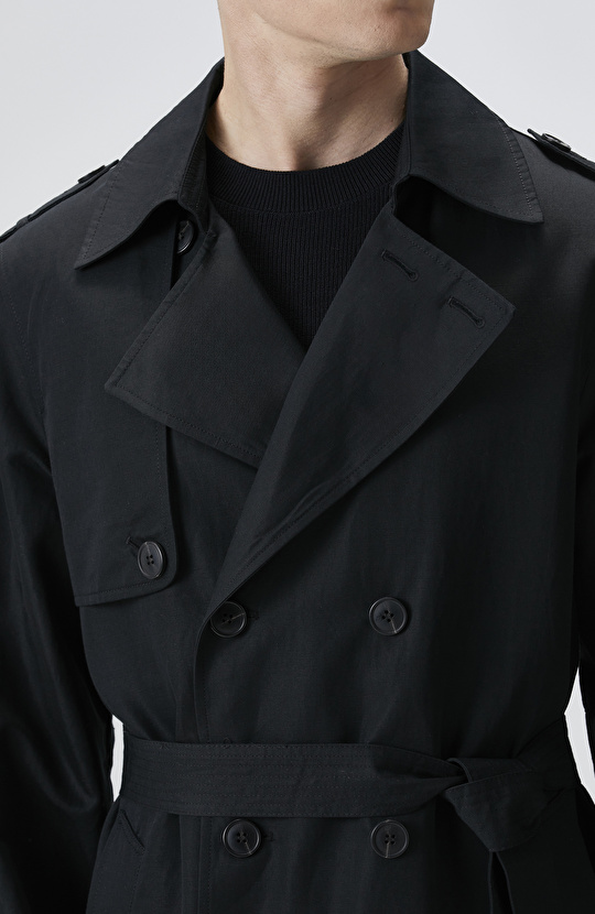 Siyah Keten Karışımlı Pardösü