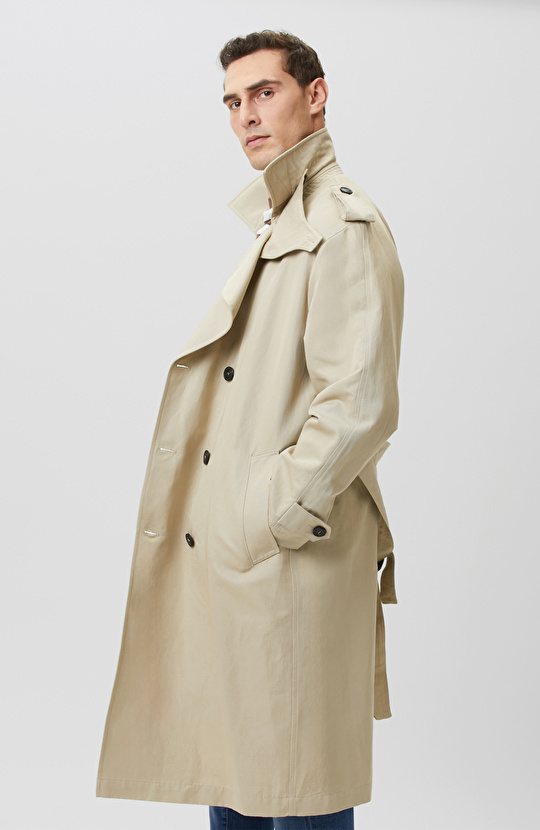 Bej Kruvaze Kemerli Keten Karışımlı Pardösü