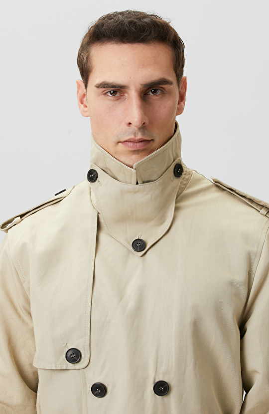 Bej Kruvaze Kemerli Keten Karışımlı Pardösü