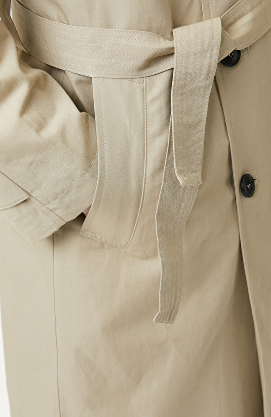 Bej Kruvaze Kemerli Keten Karışımlı Pardösü