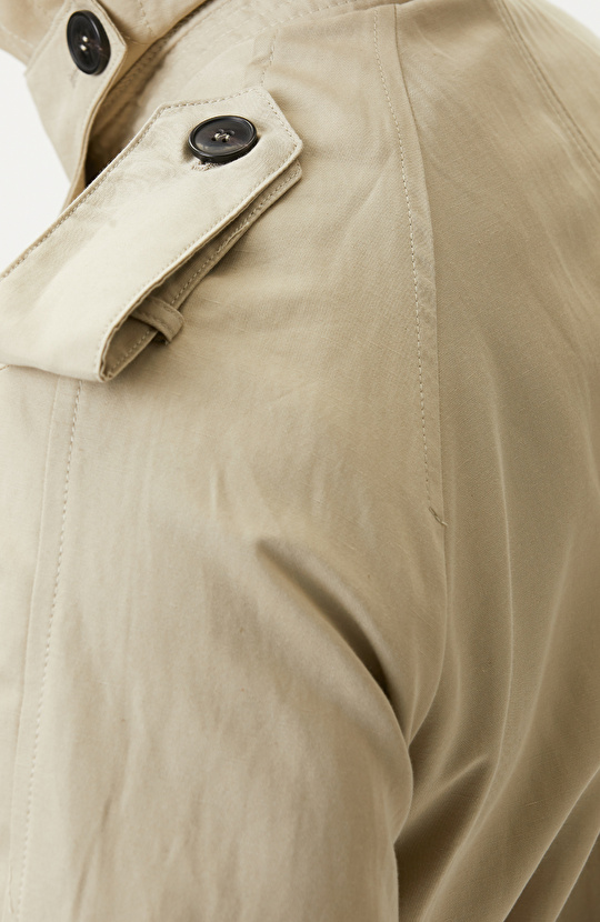 Bej Kruvaze Kemerli Keten Karışımlı Pardösü