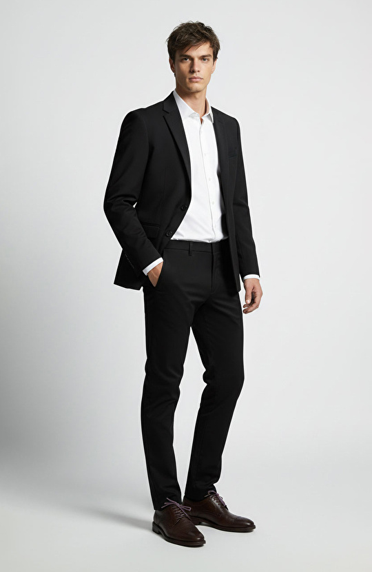 Slim Fit Siyah Mono Yaka Yünlü Takım Elbise