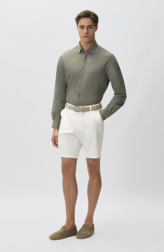 Krem Slim Fit Pamuk Keten Şort