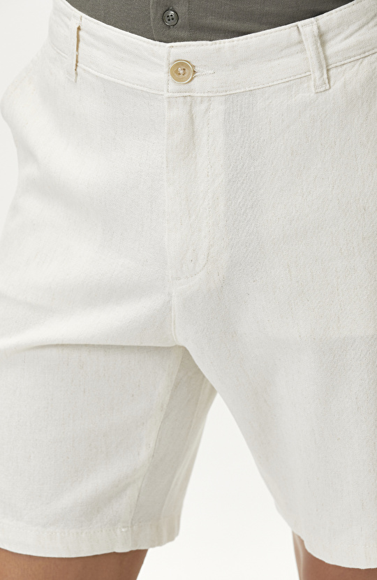 Krem Slim Fit Pamuk Keten Şort