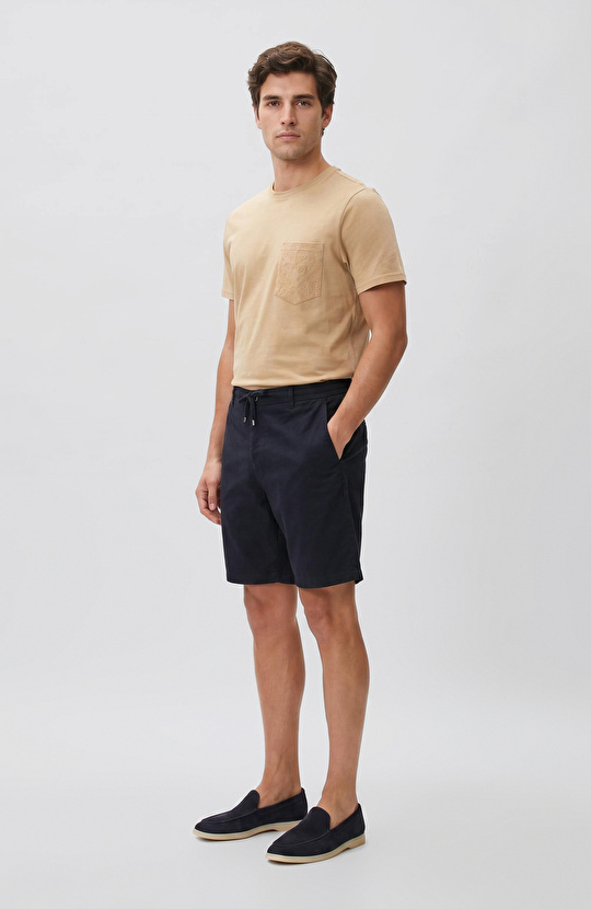 Slim Fit Lacivert Keten Karışımlı Dokuma Şort