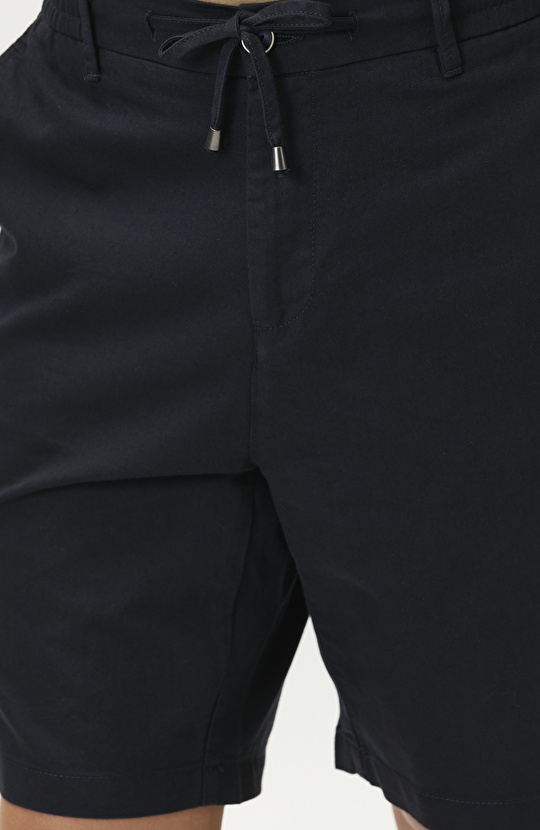 Slim Fit Lacivert Keten Karışımlı Dokuma Şort