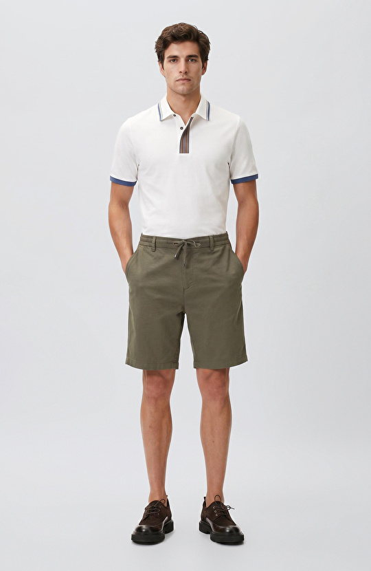 Slim Fit Haki Keten Karışımlı Dokuma Şort