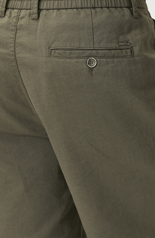 Slim Fit Haki Keten Karışımlı Dokuma Şort