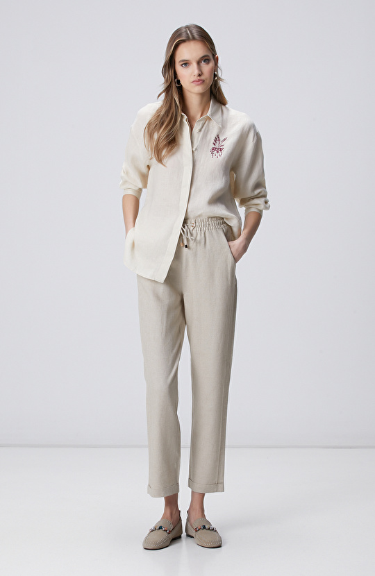 Naturel Nervür Detaylı Keten Mix Pantolon