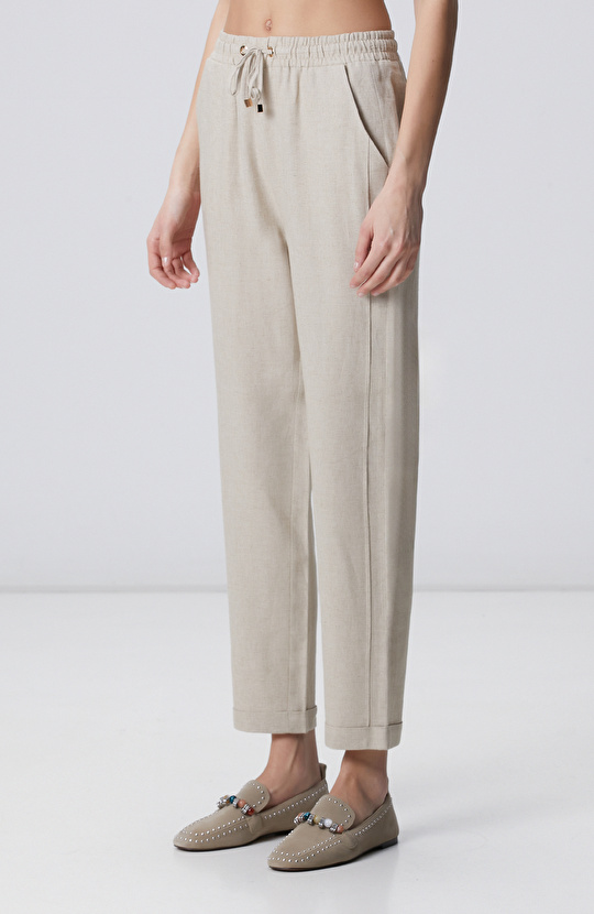 Naturel Nervür Detaylı Keten Mix Pantolon