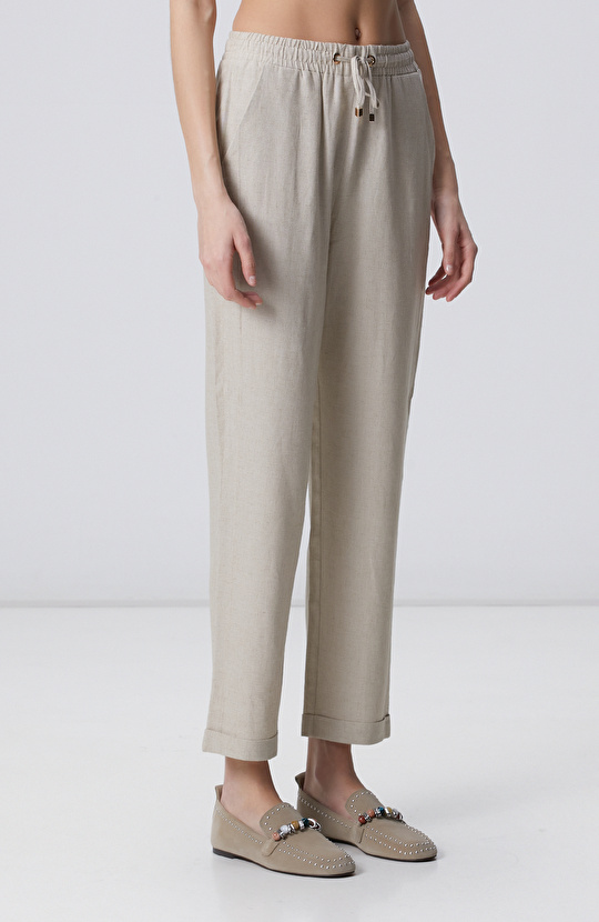 Naturel Nervür Detaylı Keten Mix Pantolon