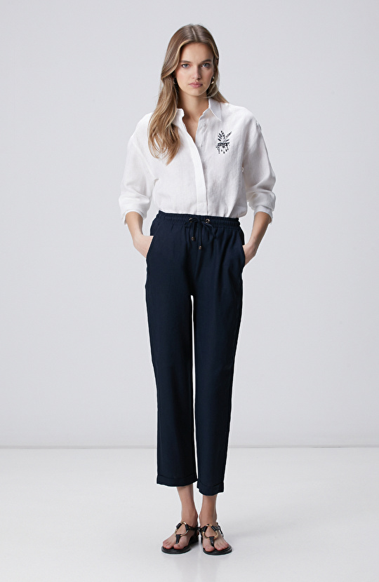 Lacivert Nervür Detaylı Keten Mix Pantolon