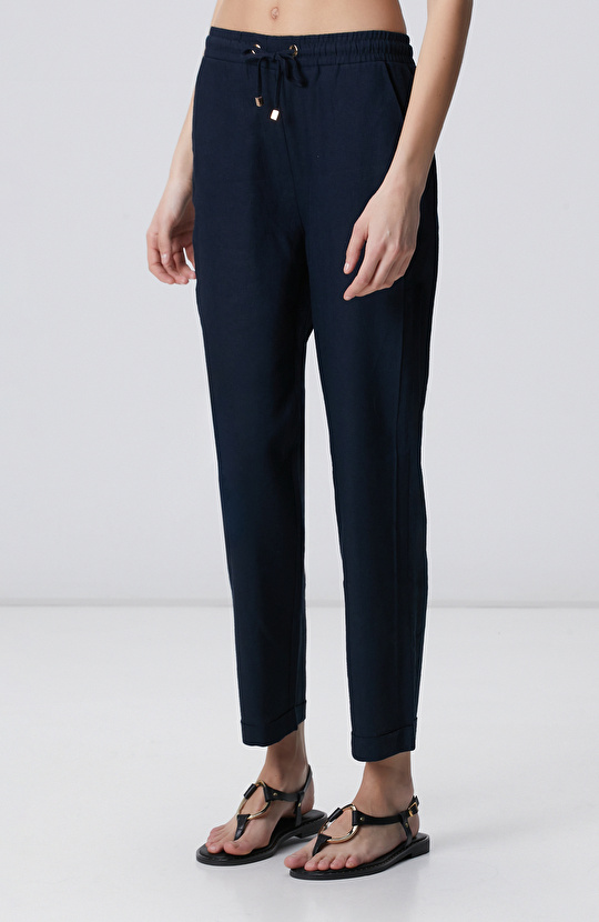 Lacivert Nervür Detaylı Keten Mix Pantolon