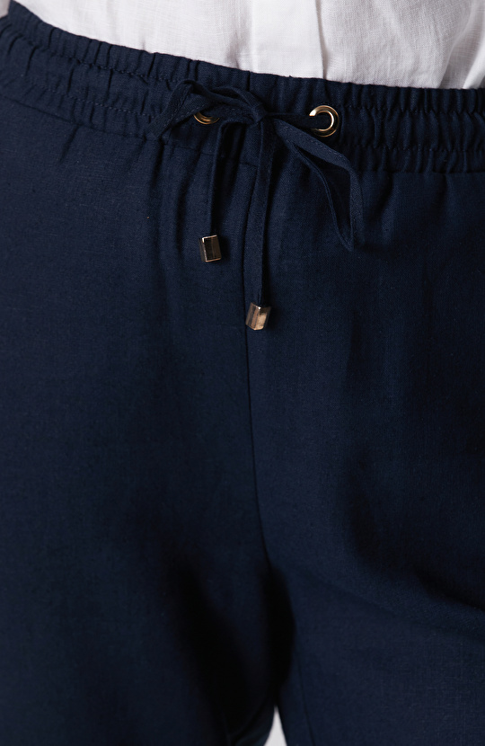 Lacivert Nervür Detaylı Keten Mix Pantolon