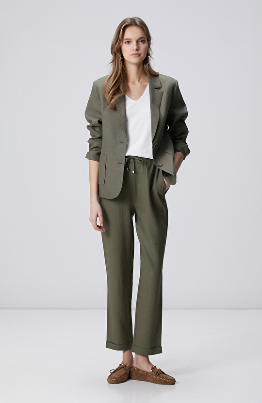Haki Nervür Detaylı Keten Mix Pantolon