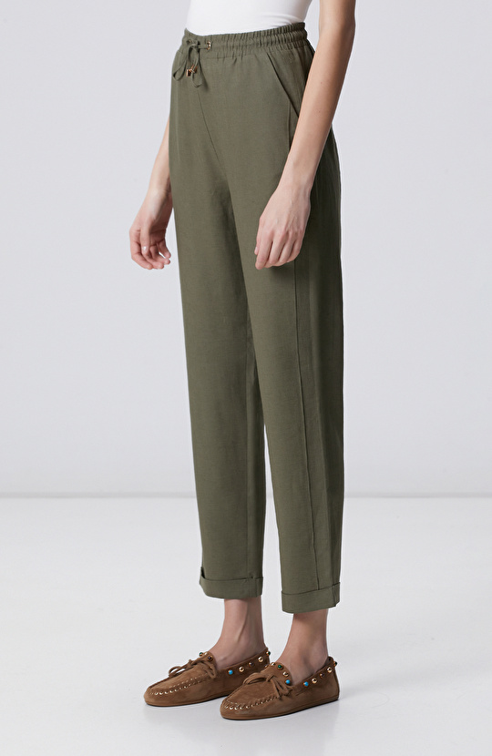 Haki Nervür Detaylı Keten Mix Pantolon