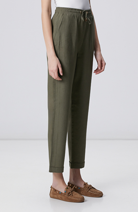 Haki Nervür Detaylı Keten Mix Pantolon