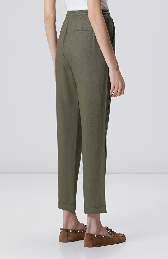 Haki Nervür Detaylı Keten Mix Pantolon