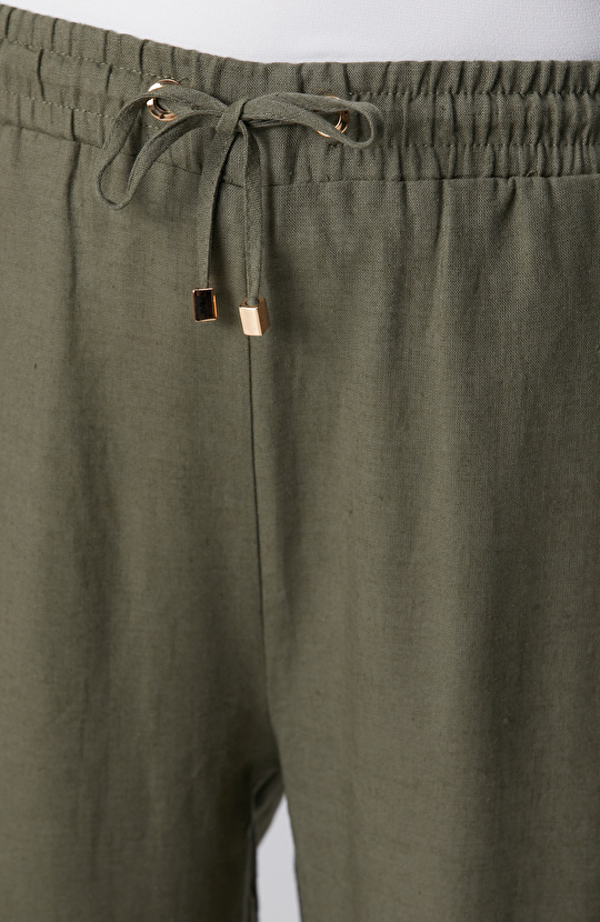 Haki Nervür Detaylı Keten Mix Pantolon