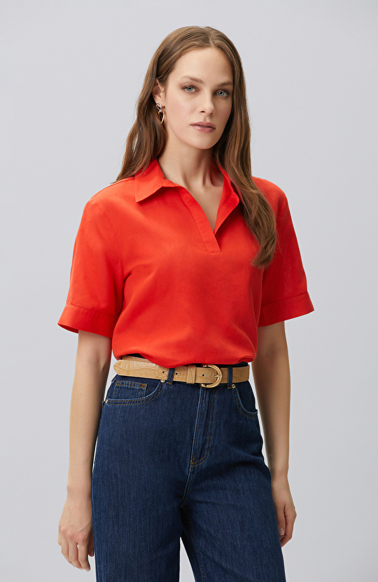 Red Linen Blend Blouse