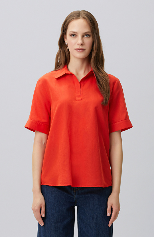 Red Linen Blend Blouse