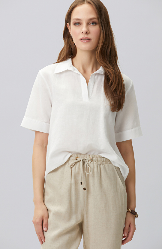 White Linen Blend Blouse