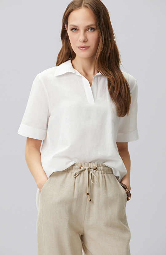 White Linen Blend Blouse