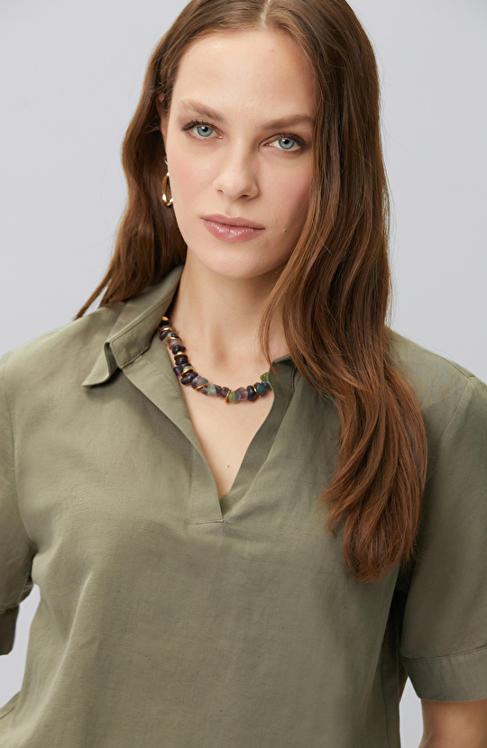 Khaki Linen Blend Blouse
