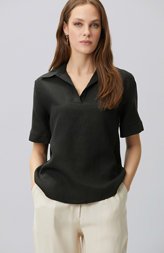 Black Linen Blend Blouse