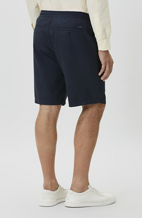 Lacivert Keten Karışımlı Beli Tokalı Şort