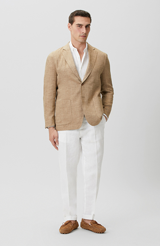 Limited Bej Balıksırtı Keten Karışımlı Ceket