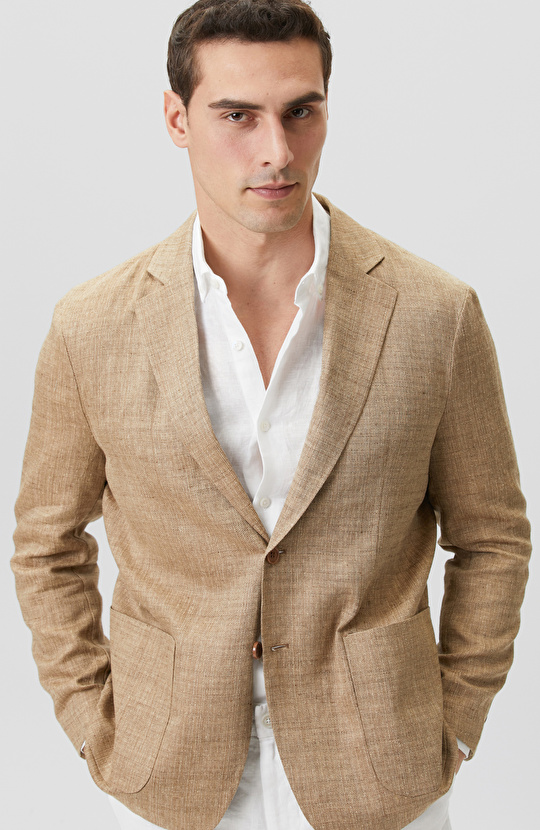 Limited Bej Balıksırtı Keten Karışımlı Ceket
