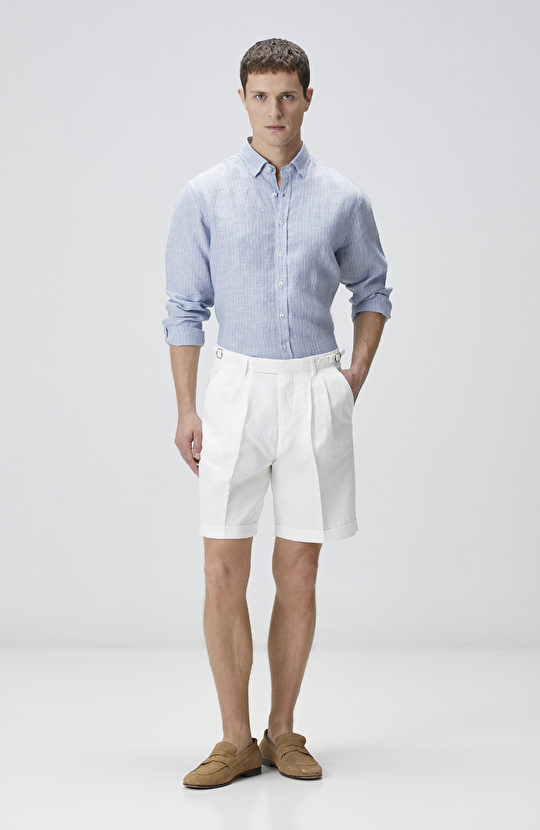 Kırık Beyaz Beli Tokalı Keten Karışımlı Şort