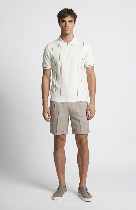 Vizon Beli Tokalı Keten Karışımlı Şort