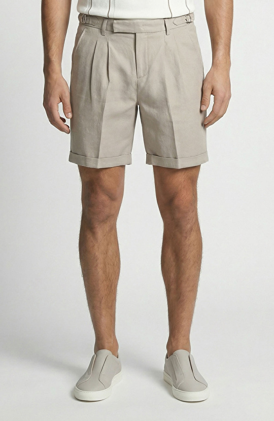 Vizon Beli Tokalı Keten Karışımlı Şort