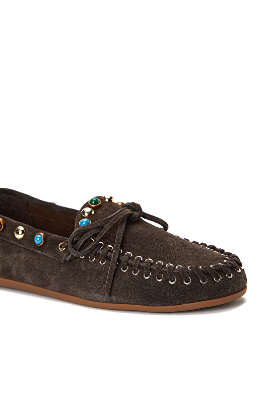 Acı Kahve Taşlı Püsküllü Kadın Süet Loafer