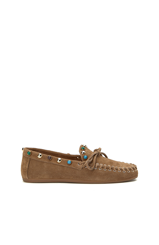 Tütün Taşlı Püsküllü Kadın Süet Loafer