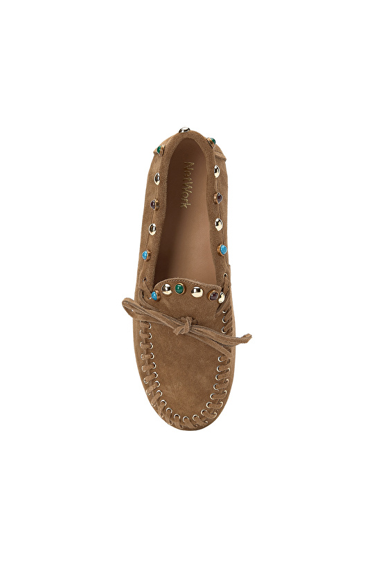 Tütün Taşlı Püsküllü Kadın Süet Loafer