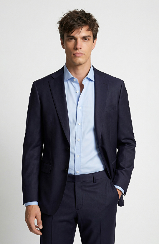 Lacivert Çizgili Yün Karışımlı Takım Elbise