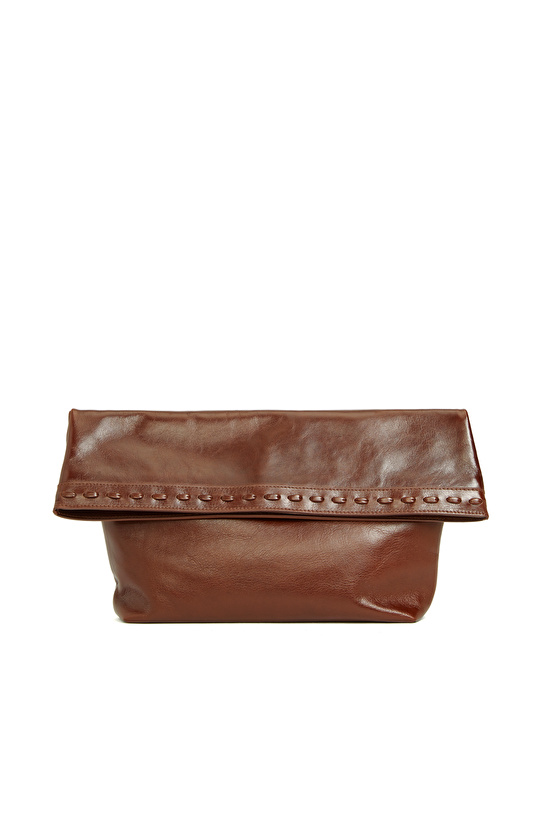 Kahverengi Saraç Detaylı Kadın Deri Clutch