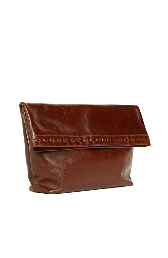 Kahverengi Saraç Detaylı Kadın Deri Clutch