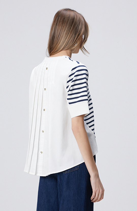 Beyaz Lacivert Dokuma Garni Detaylı Sweatshirt