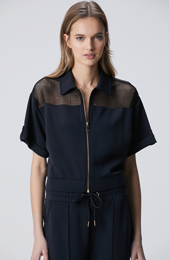 Lacivert File Garnili Modal Karışımlı Sweatshirt