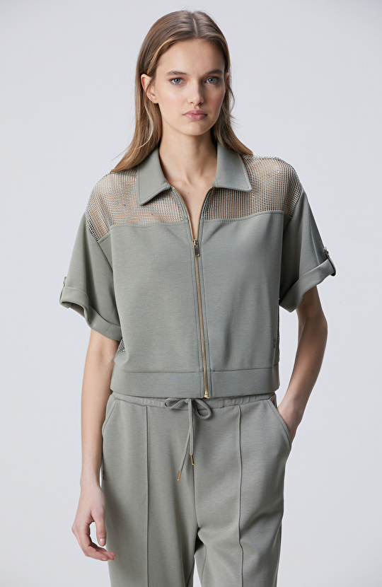 Açık Haki File Garnili Modal Karışımlı Sweatshirt