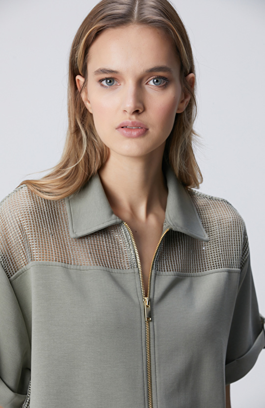 Açık Haki File Garnili Modal Karışımlı Sweatshirt